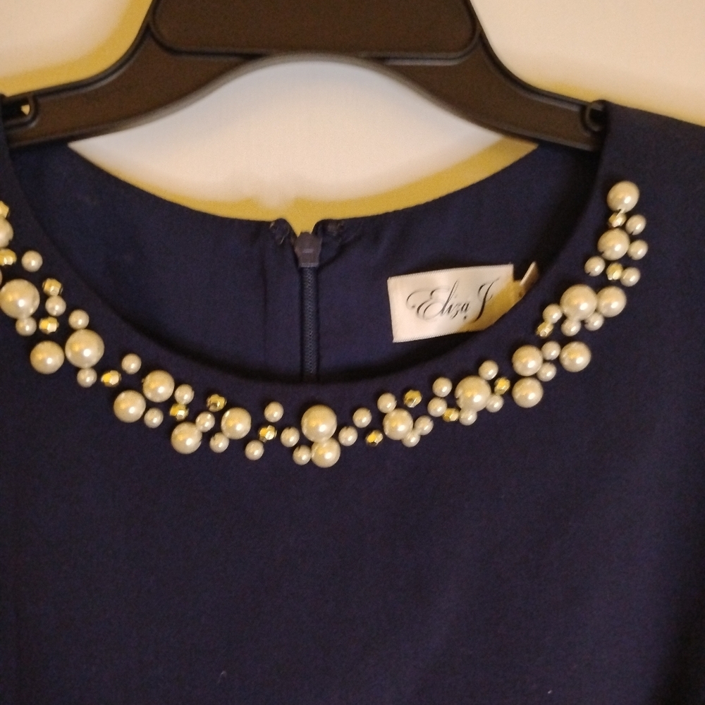 Elegant Navy Blue Sleeveless Dress From Eliza J with Embellished Neckline - Picture 5 of 6